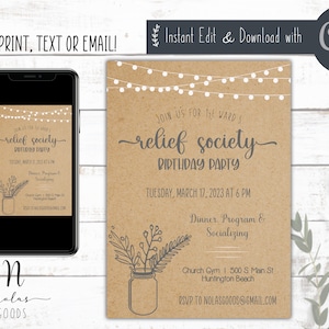 Relief Society Birthday Party Invitation Template, LDS Relief Society Invite, Relief Society Invitation Printable