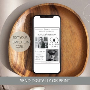 May include: A black and white digital invitation for a 90th birthday celebration. The invitation features a photo of the birthday person, Ronald Benson, and the text "90 Blessed Years". The invitation also includes the date, time, and location of the event.