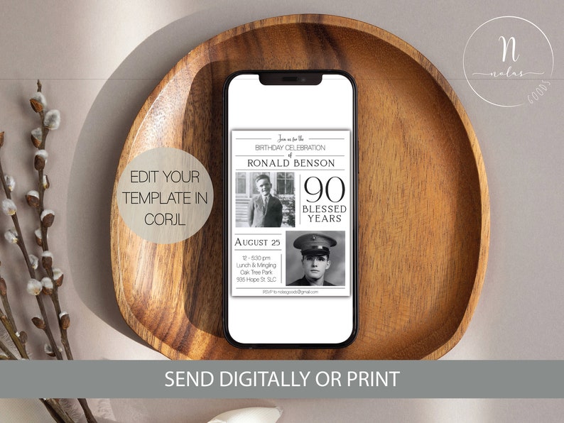 May include: A black and white digital invitation for a 90th birthday celebration. The invitation features a photo of the birthday person, Ronald Benson, and the text "90 Blessed Years". The invitation also includes the date, time, and location of the event.