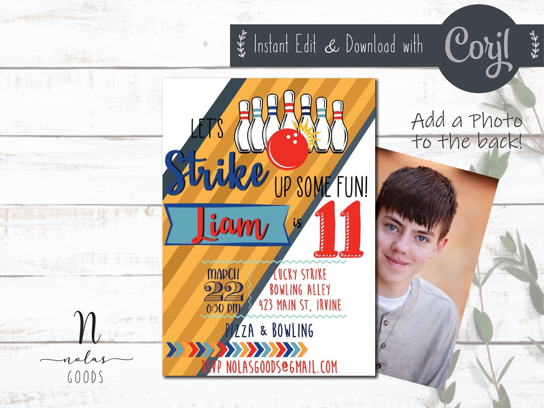 Boys Bowling Birthday Party Invitation, Bowling Birthday Party ...