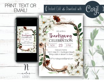 May include: A Thanksgiving invitation with a watercolor floral wreath in shades of white, brown, and green. The text reads "Join us for a Thanksgiving Celebration, Nov 23, 3 PM, Oxbow's Home, 500 S. Main St | Huntington Beach, Bring a side or dessert to share, RSVP to nolasgoods@gmail.com".
