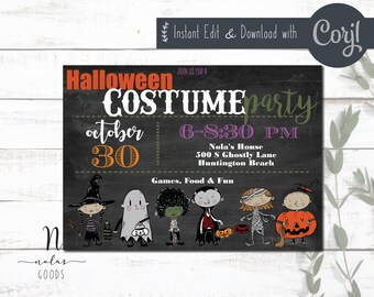 May include: A black and white chalkboard style invitation for a Halloween costume party. The invitation says "Halloween Costume Party" with the date "October 30" and time "6-8:30 PM". The location is listed as "Nola's House, 500 S Ghostly Lane, Huntington Beach". The invitation also says "Games, Food & Fun".