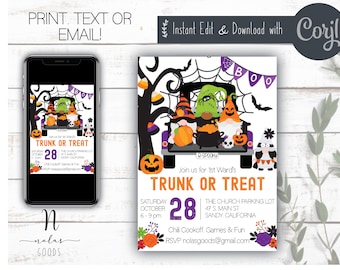 Op de afbeelding: Een printbare uitnodiging voor een Trunk or Treat-evenement. De uitnodiging toont een cartoonillustratie van gnomen in een truck die voor Halloween is versierd. De tekst op de uitnodiging luidt "Join us for 1st Ward's Trunk or Treat, Zaterdag 28 oktober, 18:00 - 21:00 uur, Kerkparkeerplaats, 47 S Main St, Sandy, Californië, Chili Cookoff, Spellen & Plezier, RSVP nolasgoods@gmail.com".