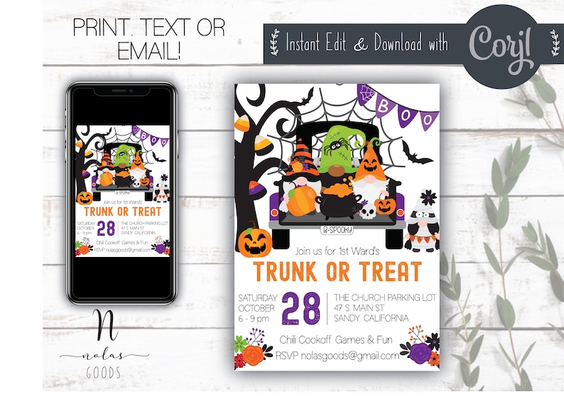 Może przedstawiać: Drukowane zaproszenie na imprezę Trunk or Treat. Zaproszenie zawiera ilustrację kresk&oacute;wkową gnom&oacute;w w ciężar&oacute;wce ozdobionej na Halloween. Tekst na zaproszeniu brzmi: "Join us for 1st Ward's Trunk or Treat, Sobota 28 października, 18:00-21:00, Parking Kościoła, 47 S Main St, Sandy, Kalifornia, Chili Cookoff, Gry & Zabawa, RSVP nolasgoods@gmail.com".