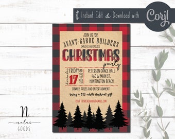 May include: Red and black buffalo plaid invitation for an Avant-Garde Builders Christmas party on Friday, December 17th from 6:00-8:30 PM at the Peterson Dance Hall, 460 W Main St., Huntington Beach. The invitation includes details about dinner, prizes, entertainment, and a white elephant gift exchange. RSVP to nolasgoods@gmail.com.