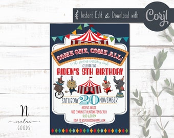 Circus Carnival Birthday Party Invitation - Printable - Customizable