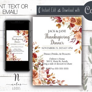 Thanksgiving diner nodigt afdrukbare, bewerkbare Thanksgiving diner uitnodiging sjabloon, Thanksgiving uitnodiging digitale download,