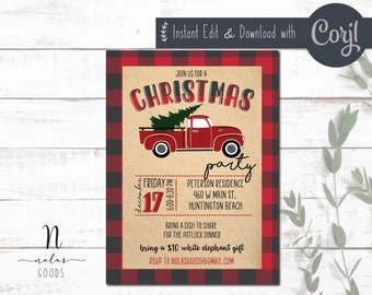 May include: A red and black plaid invitation for a Christmas party. The invitation features a red pickup truck with a Christmas tree in the back. The text on the invitation reads "Join us for a Christmas party" and includes the date, time, and location of the party.