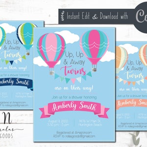 Hot Air Balloon Baby Shower Invitation, Twin Baby Shower Invitation Template, Twins Baby Shower Invite