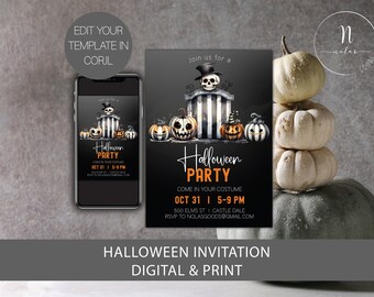 May include: Black and white Halloween party invitation with a skull wearing a top hat and pumpkins. The text reads "Join us for a Halloween Party, Come in your costume, Oct 31 | 5-9 PM, 500 Elms St | Castle Dale, RSVP to Nolasgoods@gmail.com".