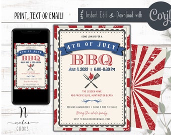 4th of July BBQ Invitation, BBQ Invitation Instant Download, 4th of July Block Party Invite Printable, Summer Barbeque Invitation Template