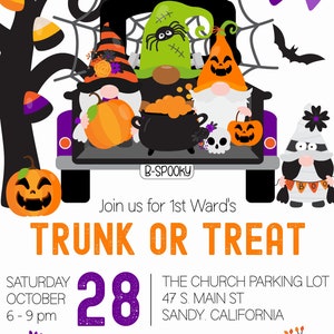 Może przedstawiać: Zaproszenie na imprezę Trunk or Treat w sobotę, 28 października, w godzinach od 18:00 do 21:00. Impreza odbędzie się na parkingu kościoła, 47 S. Main St, Sandy, Kalifornia. Zaproszenie zawiera rysunkową ilustrację gnom&oacute;w w ciężar&oacute;wce ozdobionej na Halloween. Na ciężar&oacute;wce widnieje napis "B-Spooky". Zaproszenie zawiera r&oacute;wnież tekst "Chili Cookoff. Games & Fun" oraz "RSVP nolasgoods@gmail.com".