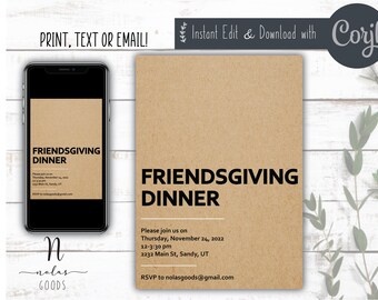 Descarga instantánea de invitación de Friendsgiving, plantilla de invitación de Friendsgiving editable, invitación de Friendsgiving Potluck imprimible
