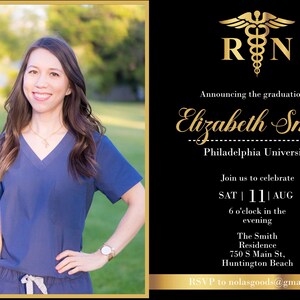May include: A graduation announcement for Elizabeth Smith, a graduate of Philadelphia University. The announcement features a gold medical symbol with the letters "RN" and a black background. The announcement includes the date and time of the graduation celebration, the location, and an email address for RSVP.