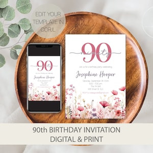 Invito per il 90° compleanno per donne, Invito per il 90° compleanno, Invito per la festa del 90° compleanno, Invito per il novanta compleanno