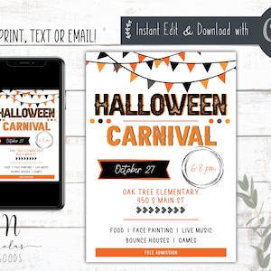 May include: Printable Halloween Carnival invitation in orange, black and white. The invitation features a banner with flags, the text "Halloween Carnival", and details about the event, including the date, time, location and activities. Free admission.
