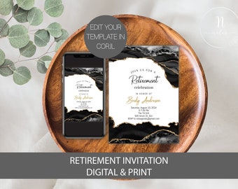 May include: Black and gold retirement invitation with a marble and agate design. The invitation reads "Join us for a Retirement celebration in honor of Brudy Anderson" with the date, time, and location of the event. The text "Edit your template in Corjl" is also included.