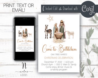 May include: A printable invitation for a Christmas celebration at Oak Tree Ward's Church. The invitation features a watercolor illustration of the nativity scene with a star, donkey, sheep, and a manger. The text reads "Come to Bethlehem, Oak Tree Ward's Christmas Celebration, December 17, 2022 | 6:00 pm, Church Gym | 500 S. Main St. Sandy, Come enjoy dinner, music & a nativity program."