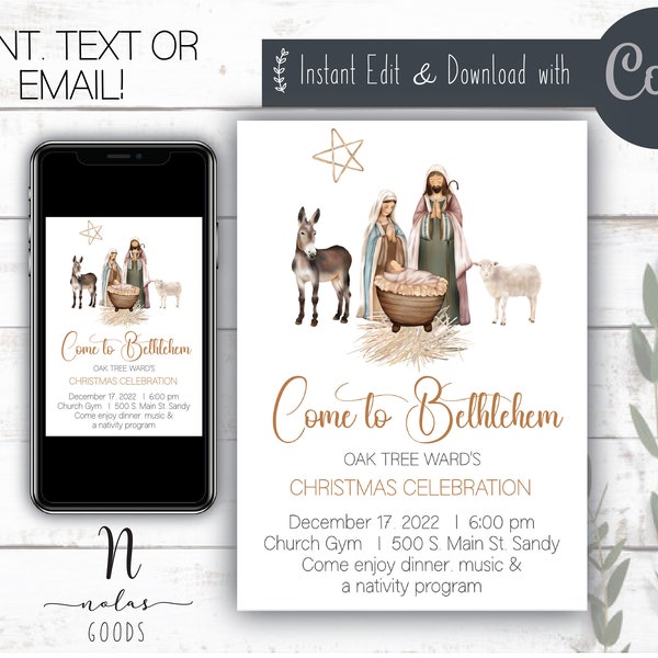 Ward Christmas Party Nativity, LDS Christmas Party Invite Template, Come to Bethlehem, Kids Christmas Party Invite