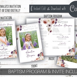 Puede incluir: Una plantilla de invitación y programa de bautismo imprimible con un diseño floral. La invitación presenta una foto de una niña y el texto "Amelia Harper" y "Te invita a su bautizo". El programa presenta el texto "Bautizo de Amelia Harper" y una lista de eventos para la ceremonia.