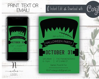 May include: Green and black printable Halloween party invitation with a Frankenstein monster graphic. The invitation says "Join us for a Halloween Party" and "October 31".