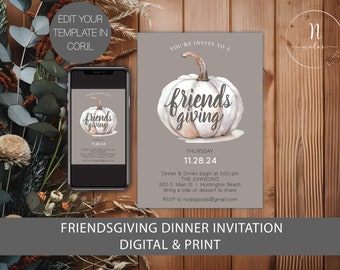 May include: A Friendsgiving dinner invitation with a watercolor pumpkin design. The invitation is displayed on a smartphone and a printed card. The text reads "Friendsgiving" and includes event details. The invitation is available in digital and print formats.