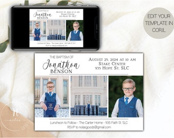 May include: A white invitation card with a black border announcing the baptism of Jonathon Benson. The card features a photo of the child in a blue suit holding a Bible. The event will take place on August 25, 2024, at 10 AM at the Stake Center, 935 Hope St., SLC. A luncheon will follow at The Carter Home, 935 Faith St. SLC.