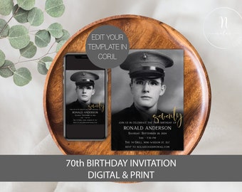 70 Birthday Invitation Men, 70th Birthday Photo Invitation, 70th Birthday Invite Template,  70th Birthday Invitation for Women