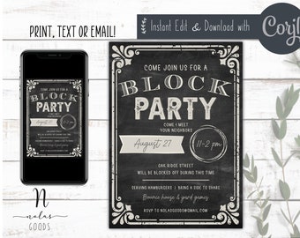 May include: A black and white printable invitation for a block party. The invitation features a chalkboard design with the text "Come join us for a block party" and details about the event, including the date, time, and location. The invitation also includes the text "Nolas Goods" at the bottom.