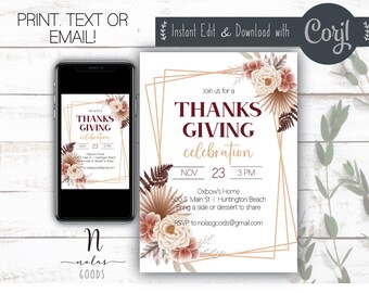 May include: A Thanksgiving invitation with a gold geometric frame and floral illustrations. The text reads "Join us for a Thanksgiving celebration" with the date and time: "Nov 23, 3 PM". The location is Oxbow's Home, 500 S. Main St | Huntington Beach. The invitation also includes the text "Bring a side or dessert to share" and "RSVP to nolasgoods@gmail.com".