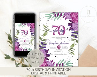 70th Birthday Invitation for Women, 70th Birthday Party Invitation, 70th Birthday Invite Template, 70th Birthday Invite Digital