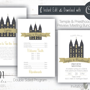 May include: A printable template for a Temple and Priesthood Preview Meeting. The template features a black and gold illustration of the Salt Lake Temple. The text "Temple & Priesthood Preview Meeting Bundle" is in black text with a gold outline. The text "Please Join Us" is in black text. The text "Dec 31, 3 PM" is in black text. The text "Stake Center" is in black text. The text "500 S Main St. Huntington Beach" is in black text. The text "Invitation" is in black text.