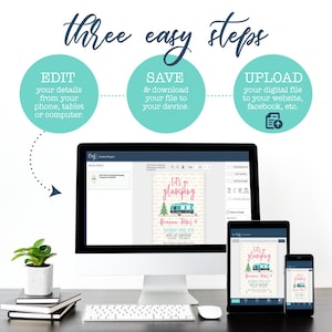 May include: A computer screen shows a digital invitation for a glamping party. The invitation features a turquoise camper van with the text "Let's go glamping". The invitation is on a white background with pink and green accents. The screen is surrounded by a white desk with a keyboard, mouse, and a potted plant.