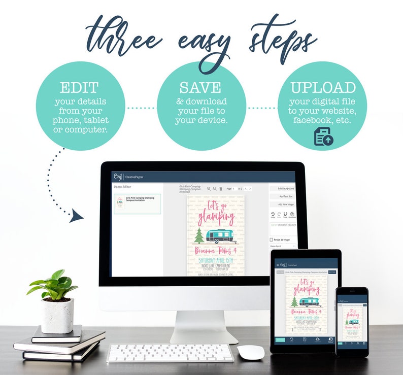May include: A computer screen shows a digital invitation for a glamping party. The invitation features a turquoise camper van with the text "Let's go glamping". The invitation is on a white background with pink and green accents. The screen is surrounded by a white desk with a keyboard, mouse, and a potted plant.