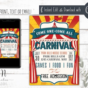 Flyer du carnaval de l&#39;école, Flyer du carnaval modifiable, téléchargement numérique sur invitation au carnaval, Flyer de collecte de fonds scolaire imprimable
