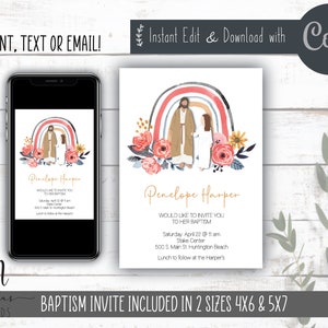 May include: A baptism invitation featuring a watercolour rainbow, flowers, and a couple standing beneath the rainbow. The invitation reads "Penelope Harper Would like to invite you to her baptism Saturday April 22 @ 11 am Stake Center 500 S. Main St. Huntington Beach Lunch to follow at the Harper's"