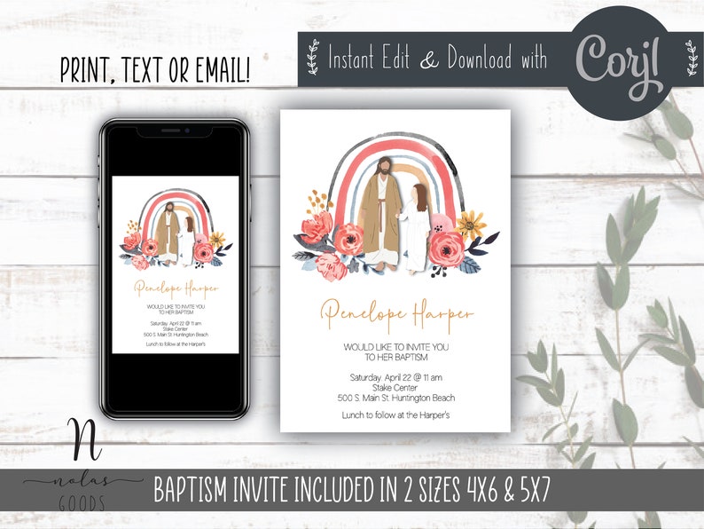 May include: A baptism invitation featuring a watercolour rainbow, flowers, and a couple standing beneath the rainbow. The invitation reads "Penelope Harper Would like to invite you to her baptism Saturday April 22 @ 11 am Stake Center 500 S. Main St. Huntington Beach Lunch to follow at the Harper's"