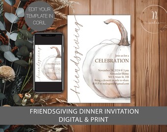 May include: A digital printable invitation for a Friendsgiving dinner party. The invitation features a watercolor illustration of a white pumpkin with a brown stem. The text on the invitation reads "Join us for a Celebration" and includes the date, time, location, and RSVP information.