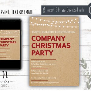 Puede incluir: Una invitación marrón rústica con luces de cadena blancas en la parte superior. El texto dice "Rustic Builders Construction Company Christmas Party" en rojo y negro. La invitación incluye detalles sobre la fiesta, incluida la fecha, la hora, la ubicación y la información de RSVP.