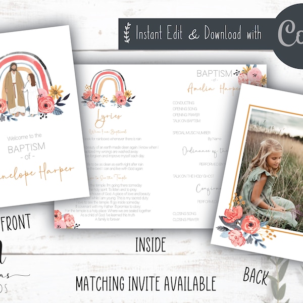 LDS Baptism Program Template, Baptism Program Lds Girl, LDS Baptism Invitation Girl Rainbow, LDS Baptism Program with Pictures