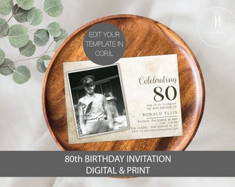 Invitación a fiesta de cumpleaños número 80, invitación de cumpleaños número 80 para hombres con foto, invitación de cumpleaños número 80, invitación de cumpleaños número 80 para mujeres