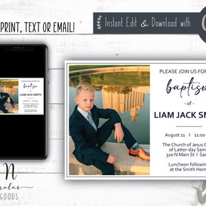 LDS Baptism Invitation Boy, LDS Baptism Invitation Instant Download, LDS Baptism Announcement, Baptism Invitation with Photo