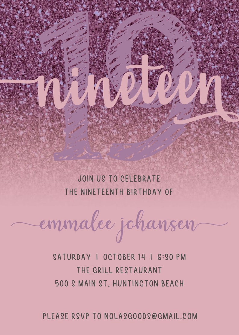 19th Birthday Invitation, 19 Birthday Party Invitations, 19 Birthday ...