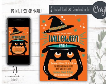 May include: An orange and black Halloween party invitation with a cartoon cauldron with eyes and a witch's hat on top. The text reads "Join us for our spooky Halloween Party".