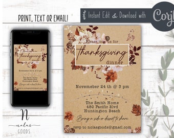 May include: A printable Thanksgiving dinner invitation with a rustic brown background and floral accents. The text reads "Please join us for Thanksgiving dinner, November 24th at 3 pm, The Smith Home, 480 Pacific Blvd, Huntington Beach, Bring a side or dessert to share, rsvp to nolasgoods@gmail.com".