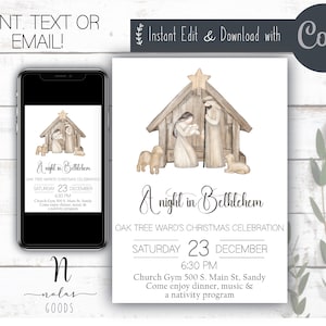 Nativité de fête de Noël de paroisse, modèle d&#39;invitation de fête de Noël de SDJ, venez à Bethléem, invitation de fête de Noël d&#39;enfants