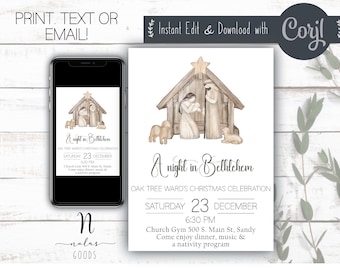 May include: A printable invitation for a Christmas celebration called "A Night in Bethlehem". The invitation features a watercolor illustration of a nativity scene with a wooden stable, Mary, Joseph, and baby Jesus. The text includes the date, time, and location of the event.