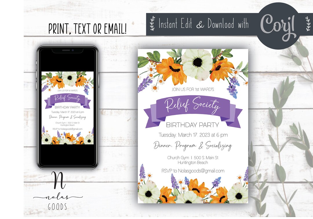 Relief Society Birthday Invitation, Relief Society Birthday Invite, LDS ...
