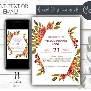 Editable Thanksgiving Dinner Invitation Template, Thanksgiving Invite Digital, Friendsgiving Invite, Thanksgiving Potluck Invite