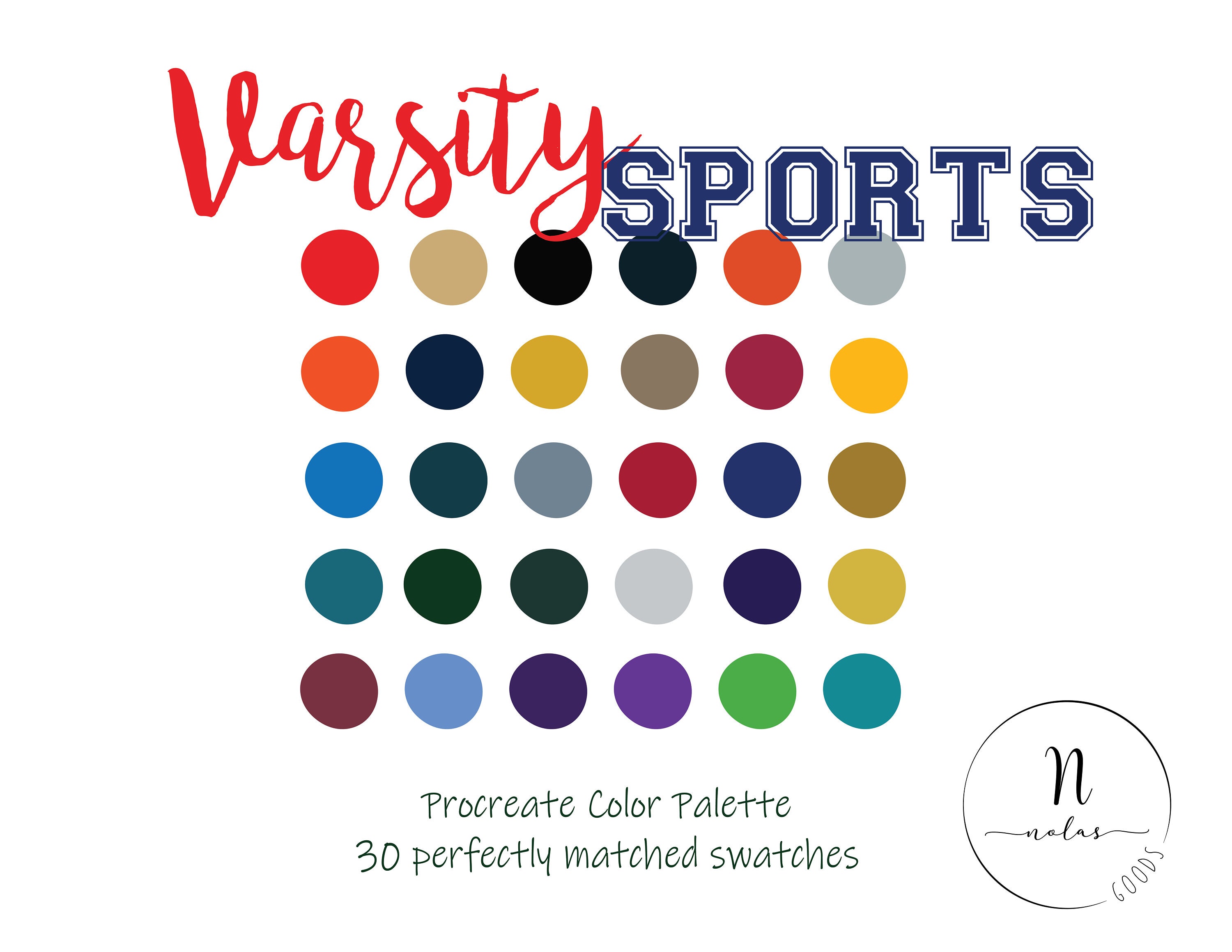 Paleta de cores para Procreate – Varsity Sports | 30 amostras de equipes, download digital instantâneo para iPad